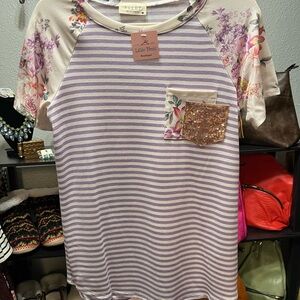 Avery Purple Striped Top with Floral Accents